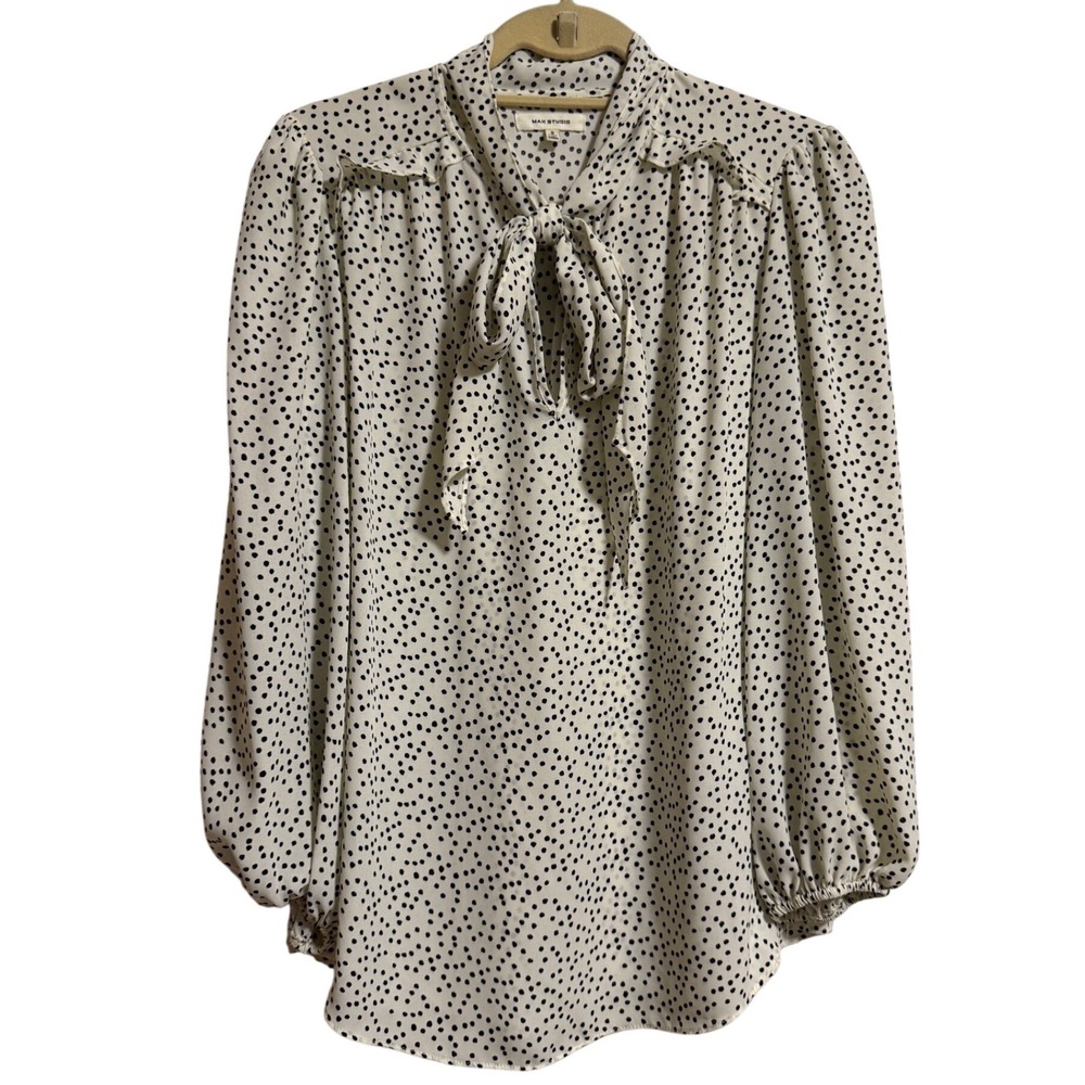 Max Studio Polka Dot Tie Neck Blouse Cream Black Ruffle Bishop Sleeve Small